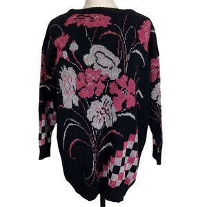Vintage Long Sweater Black Metallic Silver Pink Flowers Large by Spago Knits